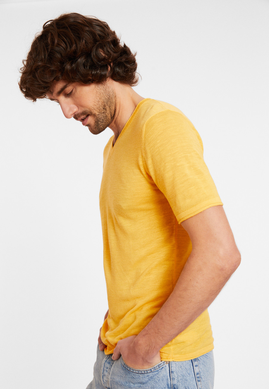 T-shirt col V en lin flammé - Reuben 8060 ambre - 08 Jaune
