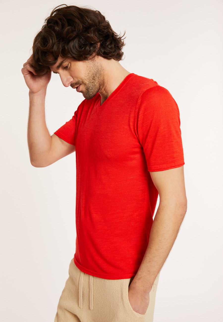 T-shirt col V en lin flammé - Reuben 8080 capucine - 52 Rouge