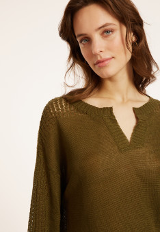 Pull ample en lin manches ajourées - Molene 8051 cactus - 83 Kaki