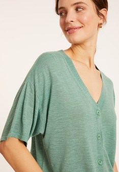 T-shirt boutonné en lin flammé - Maddie 8052 jade - 94 Vert amande
