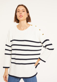 Pull ample rayé en coton bio - Mevo 8131 - 05 Bleu marine