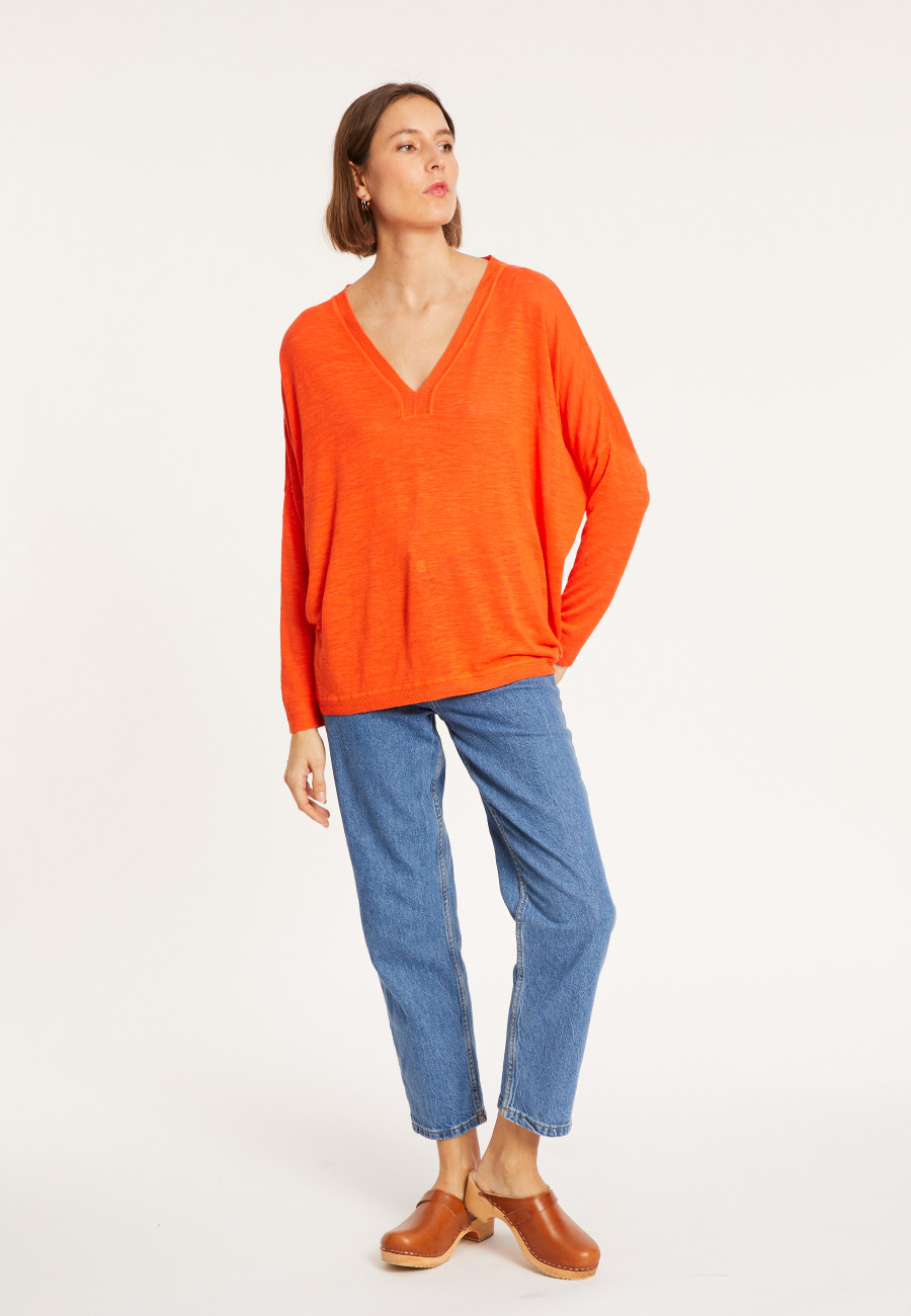 T-shirt oversize col v en lin flammé - Beja 8071 papaye - 15 Orange