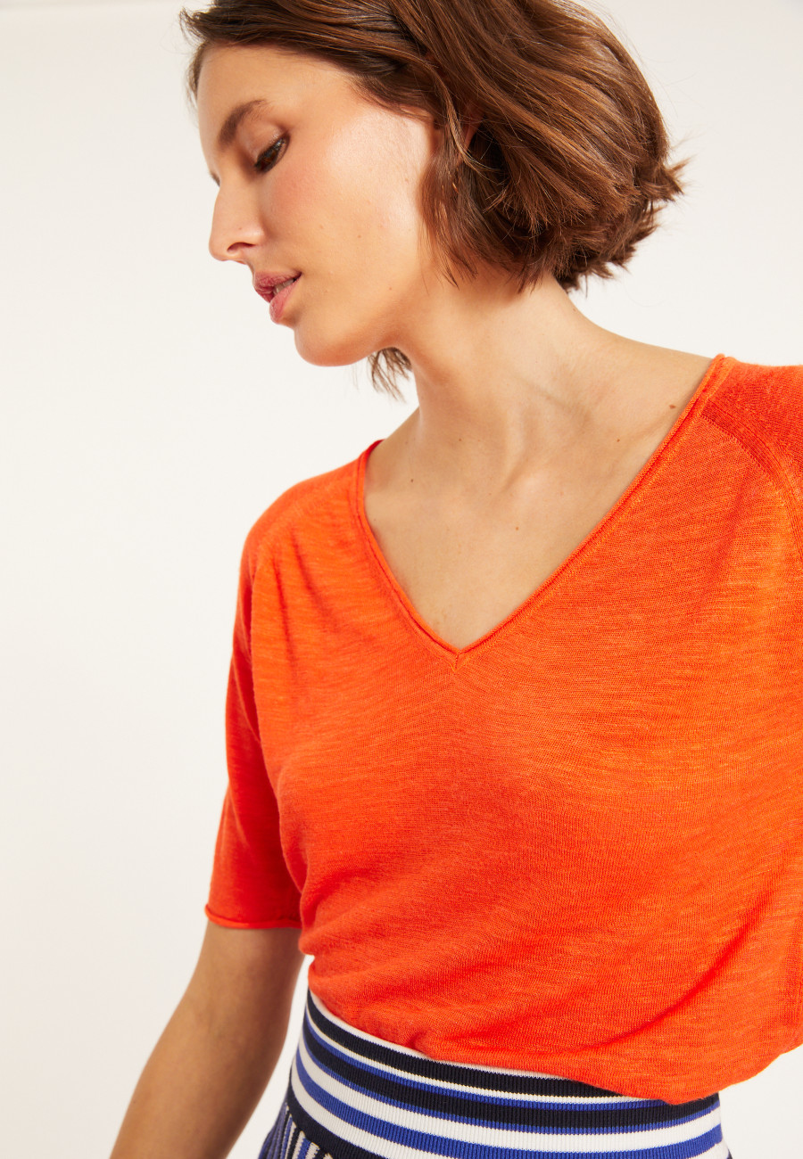 T-shirt manches coudes en lin flammé - Bonbon 8071 - 15 Orange