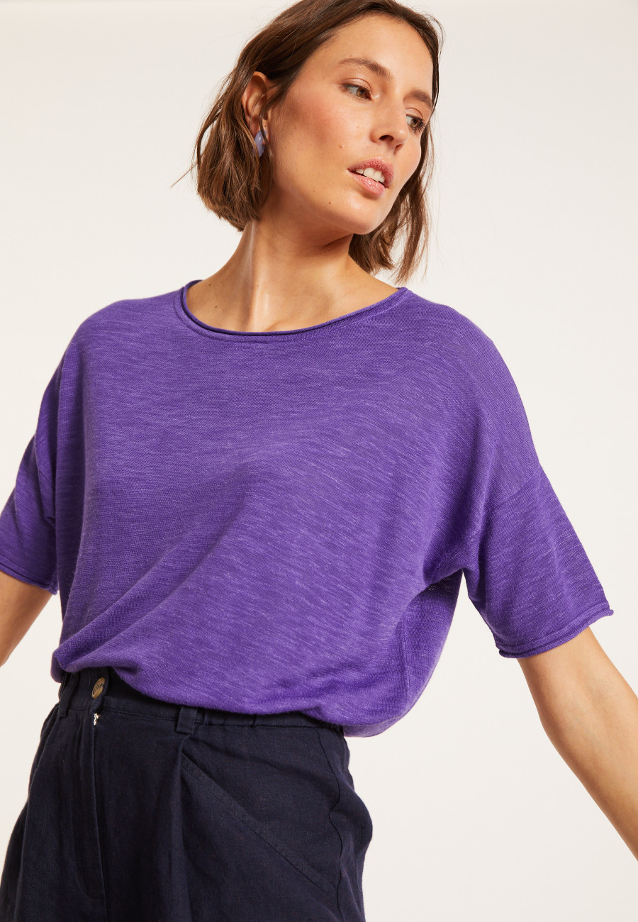 T-shirt ample manches coudes en lin flammé - Taslim 8090 - 17 Violet