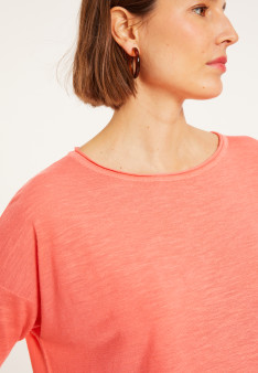 T-shirt ample manches coudes en lin flammé - Taslim 8072 - 25 Rose moyen