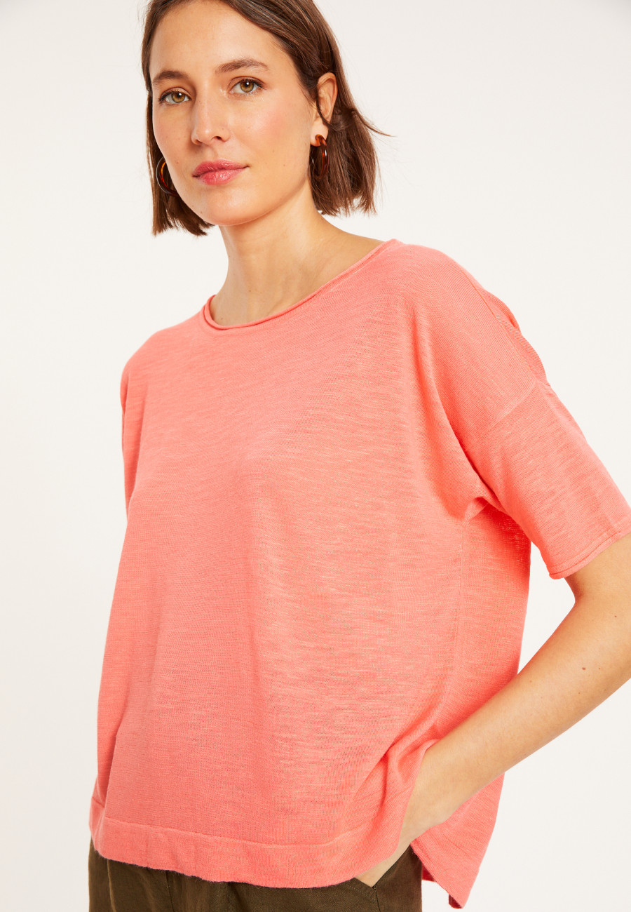 T-shirt ample manches coudes en lin flammé - Taslim 8072 - 25 Rose moyen