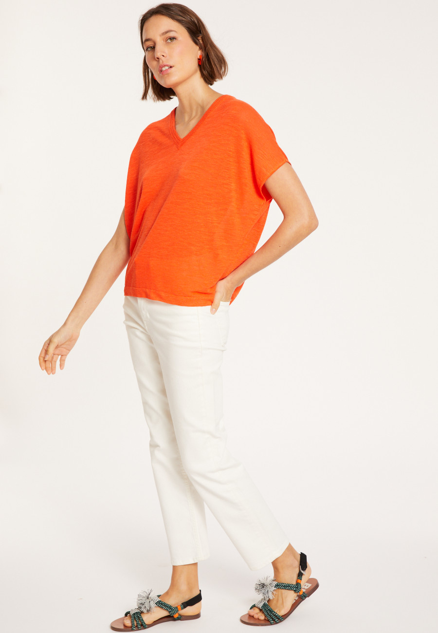 T-shirt ample col V en lin flammé - Marra 8071 - 15 Orange