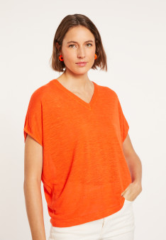 T-shirt ample col V en lin flammé - Marra 8071 - 15 Orange
