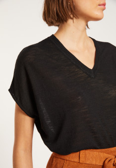 T-shirt ample col V en lin flammé - Marra 8010 - 01 Noir