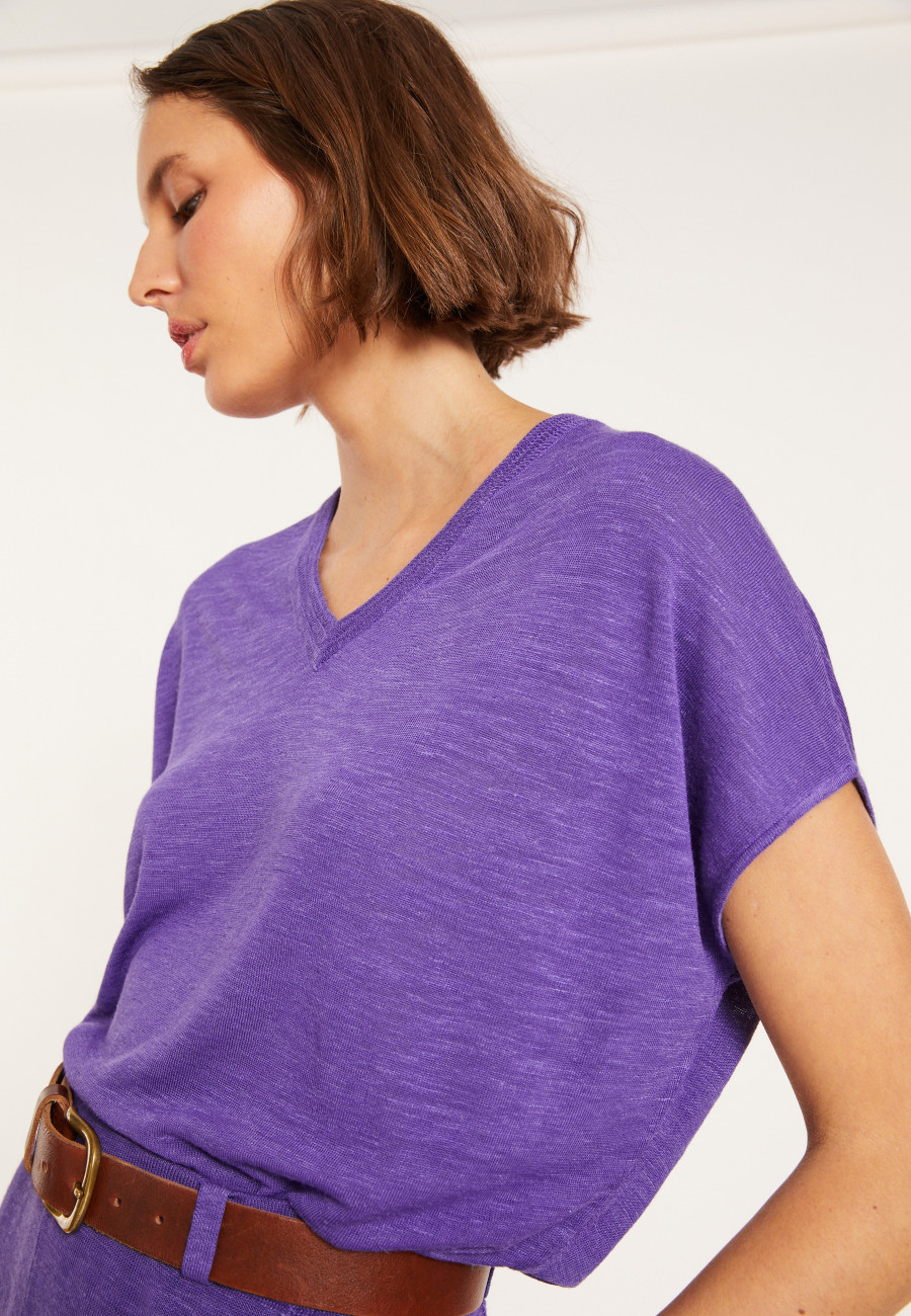 T-shirt ample col V en lin flammé - Marra 8090 - 17 Violet