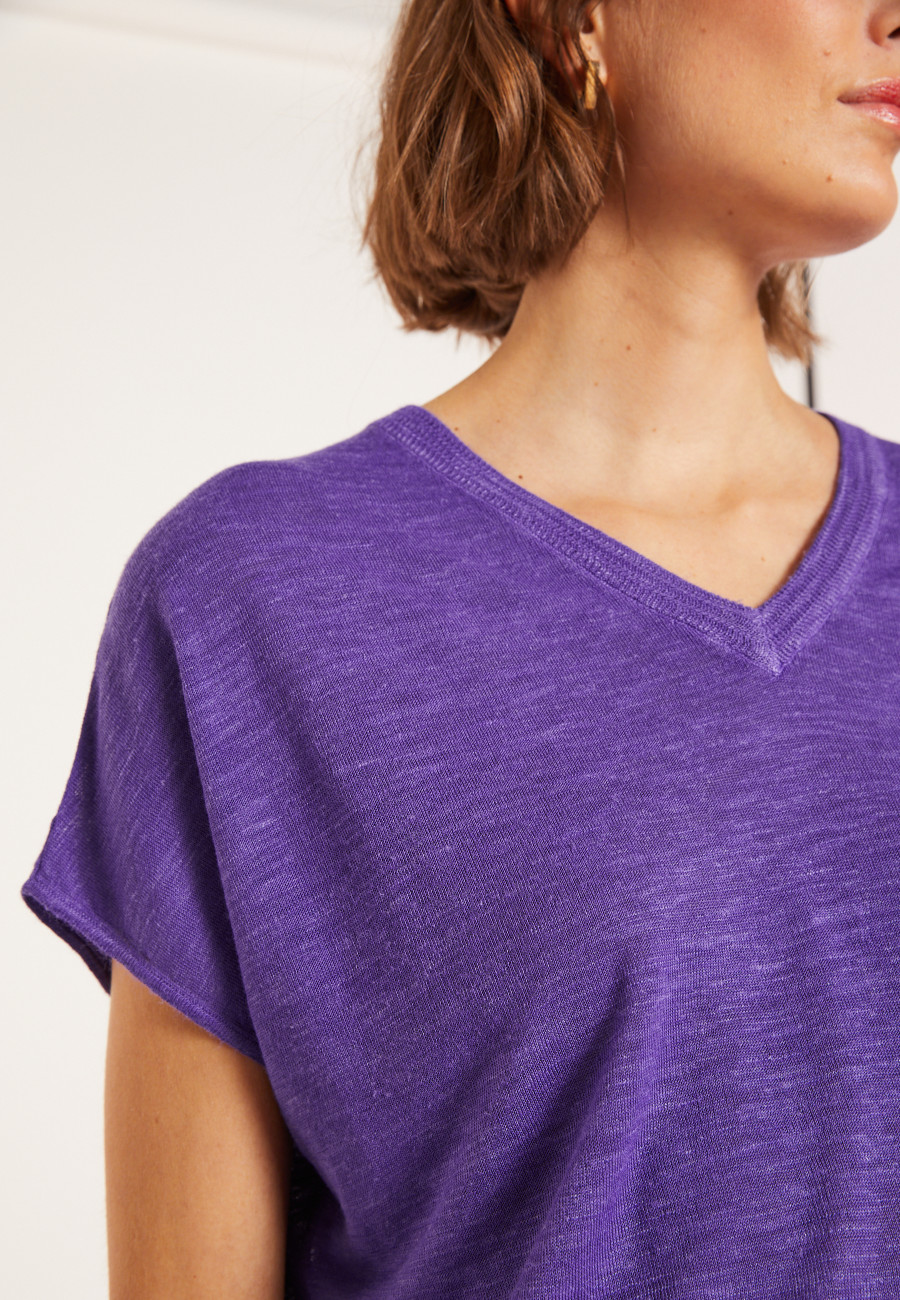 T-shirt ample col V en lin flammé - Marra 8090 - 17 Violet