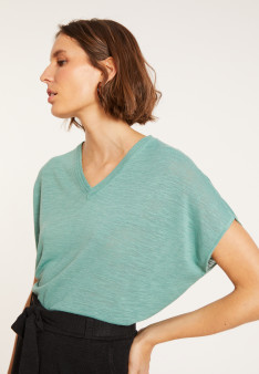 T-shirt ample col V en lin flammé - Marra 8052 - 94 Vert amande