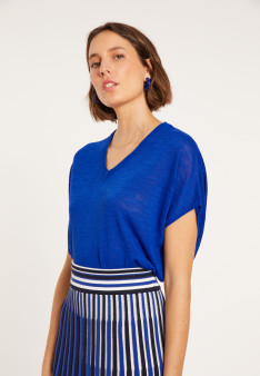 T-shirt ample col V en lin flammé - Marra 8041 - 48 Bleu roi
