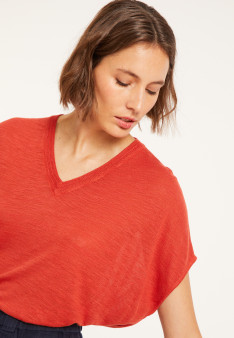 T-shirt ample col V en lin flammé - Marra 8081 - 20 Rouge foncé