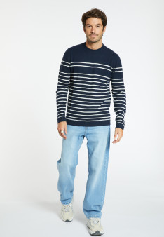 Pull col rond rayé en cachemire - Auguste 7539 marine/ecru - 05 Bleu marine