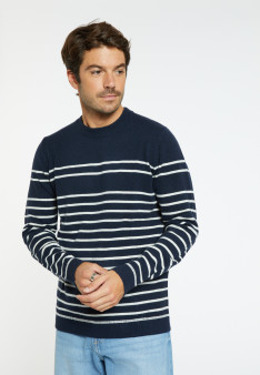 Pull col rond rayé en cachemire - Auguste 7539 marine/ecru - 05 Bleu marine