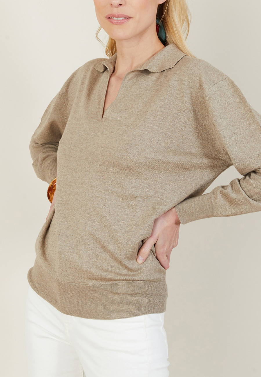 Pull col polo en lin cachemire - Bilbao 7201 sahara - 14 Beige foncé