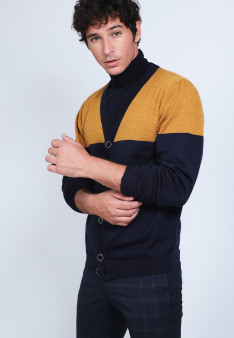 Gilet bicolore en laine mérinos - Retine 6747 marine curry - 05 bleu marine