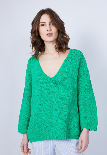 Cotton velvet jumper with deep V-neck - MARIETTE