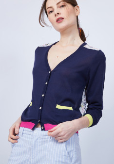 Gilet bi-matières soie et coton - Jeu 6581 navy mimosa fushia - 05 bleu marine