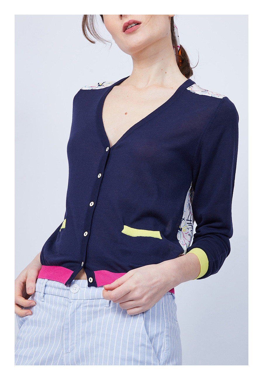 Gilet bi-matières soie et coton - Jeu 6581 navy mimosa fushia - 05 bleu marine