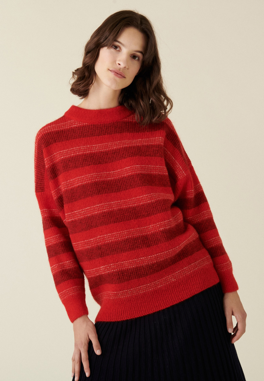 Pull col rond à rayures en mohair - Charlie 7502 rubis - 52 Rouge