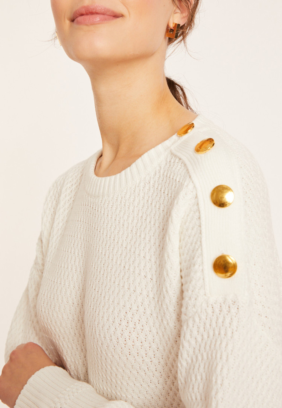 Round neck sweater with buttoned shoulder in organic cotton - Meryl