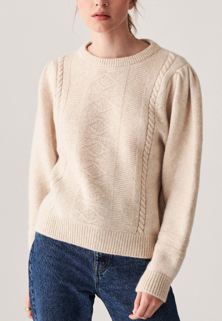 Raglan sleeve sweater in cocoon wool and cable knit - Carlotta