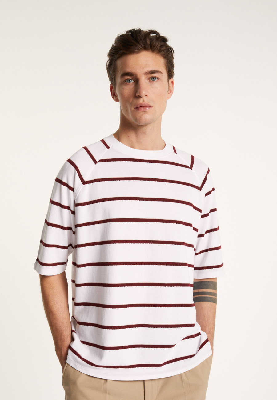 T-shirt en coton à rayures - Patrick 7360 blanc/rubis/sahara - 02 Blanc