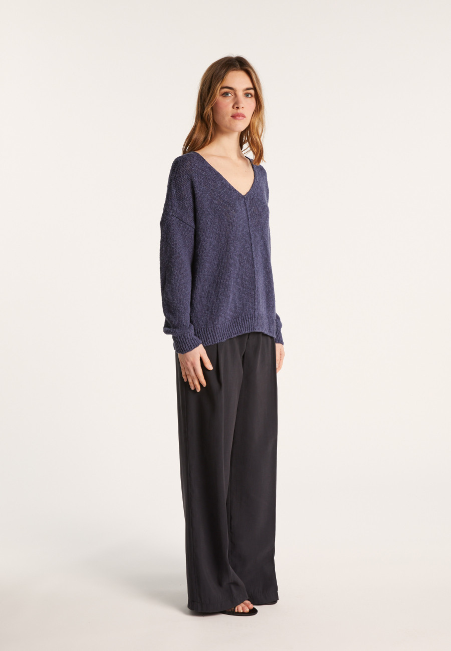 Pulcykp Women Wool Seamless Sweater Loose V-Neck Long Sleeve
