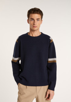 Pull tricolore en cachemire - Rudy 6735 navy/kaki/gris clair - 05 Bleu marine