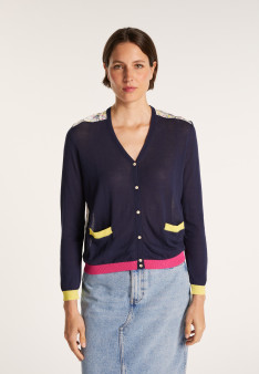 Gilet bi-matières soie et coton - Jeu 6581 navy mimosa fushia - 05 bleu marine