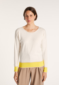 Pull col rond tricolore en coton - Nelda 7324 sahara/mimosa/blanc - 08 Jaune