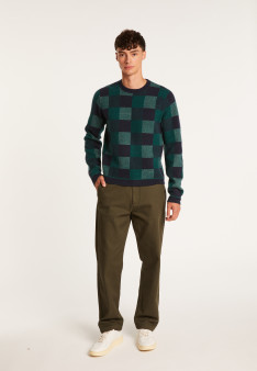 Pull motif damier en cachemire - Amadeo 7543 fougere/marine/gris - 21 Vert foncé