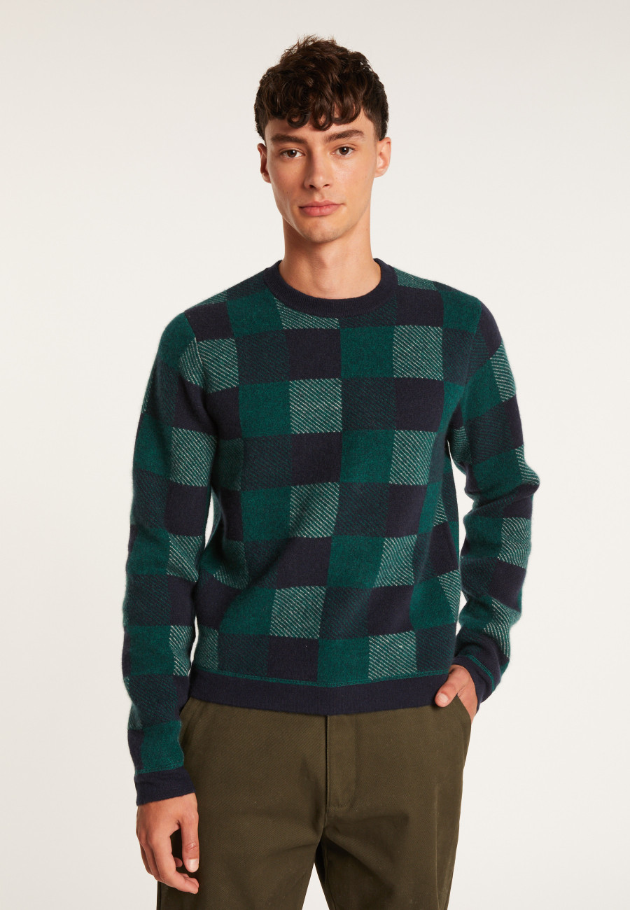 Pull motif damier en cachemire - Amadeo 7543 fougere/marine/gris - 21 Vert foncé