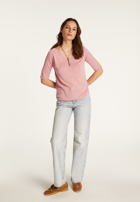 Flamed linen V-neck t-shirt - Bonbon