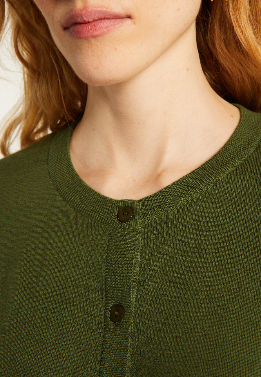 Buttoned round neck cardigan with pockets in merino wool - Amalia