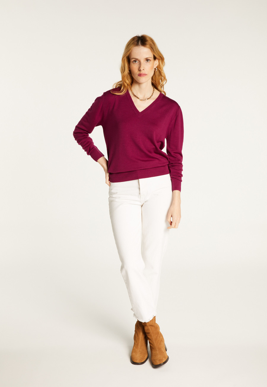 Pull col V en laine mérinos finitions bord côtes - Arya