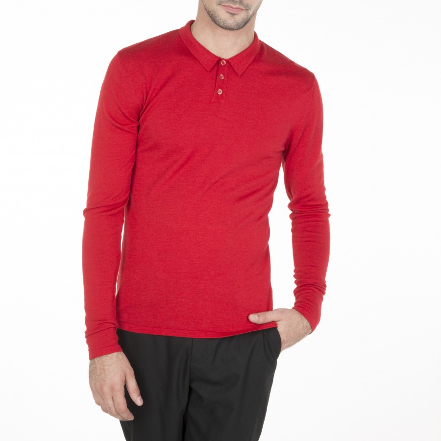 Long sleeved polo shirt in wool and silk Brume