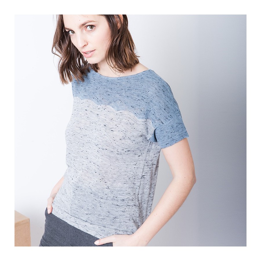 T-shirt en maille chinée bicolore Annie 6202 Gris chiné clair - austral - 03 Bleu clair