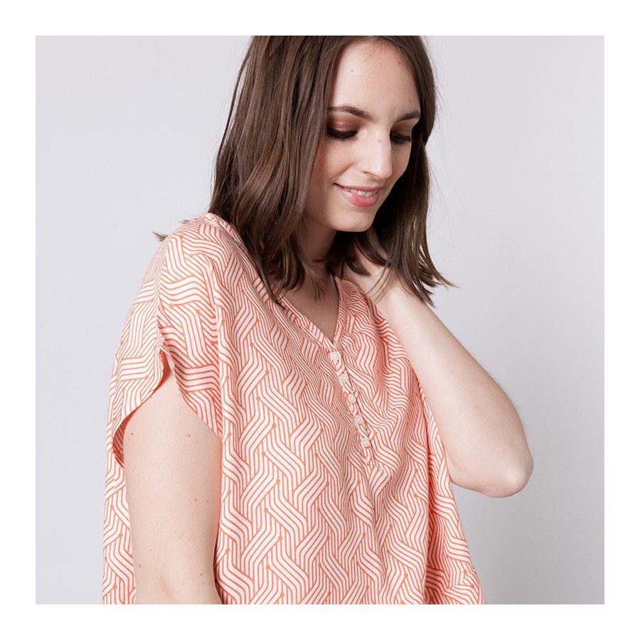 Blouse à motifs graphique en coton Alix bis 6203 Blanc-Aurore - 15 Orange