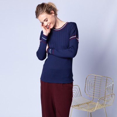 Wool jumper with tricolour rib stitches - Edouard
