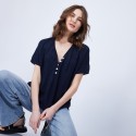 T-shirt en lin col V boutonné - Maati 6640 marine - 05 bleu marine