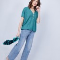 T-shirt en lin col V boutonné - Maati 6450 tropique - 21 vert foncé