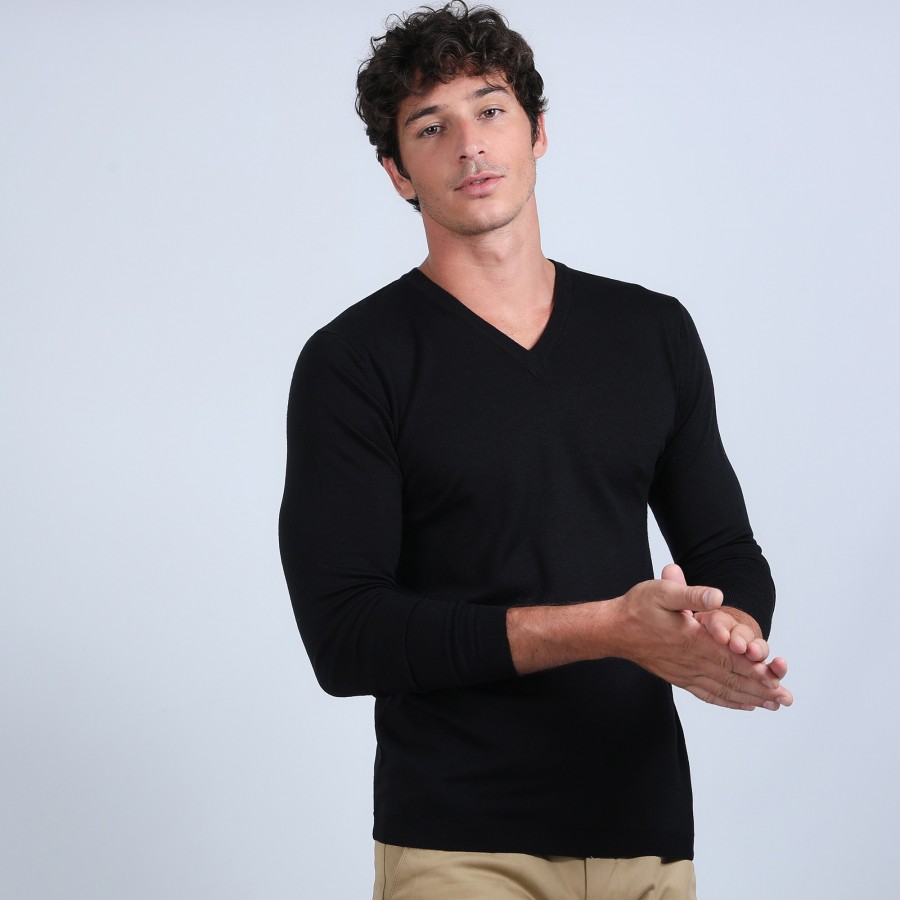 Pull col V en laine mérinos - Badyss 6610 noir - 01 noir Pull col V en laine mérinos - Badyss 6610 noir - 01 noir