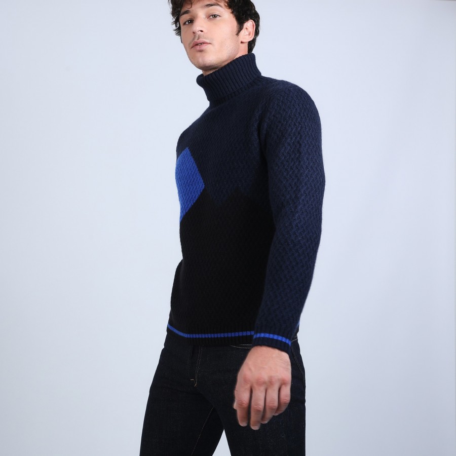 Pull cachemire col roulé tricolore - Rapière 6730 navy/noir/bleu dur - 05 bleu marine Pull cachemire col roulé tricolore - Rapière 6730 navy/noir/bleu dur - 05 bleu marine