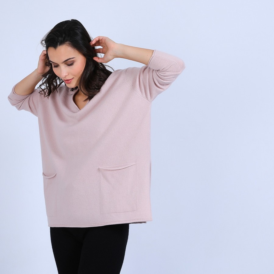 Pull en cachemire ample col V - Olyvia 6602 colombe - 24 Rose clair Pull en cachemire ample col V - Olyvia 6602 colombe - 24 Rose clair