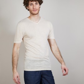 T-shirt col V en lin flammé - Bobélia 6801 beige - 12 Beige clair
