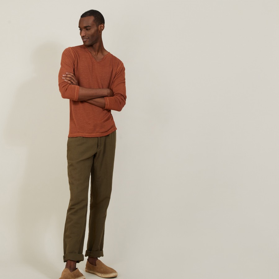 Slub linen T-shirt with Tunisian collar - Blayne Slub linen T-shirt with Tunisian collar - Blayne