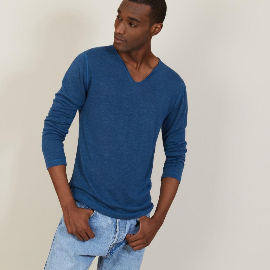 Slub linen T-shirt with Tunisian collar - Blayne Slub linen T-shirt with Tunisian collar - Blayne